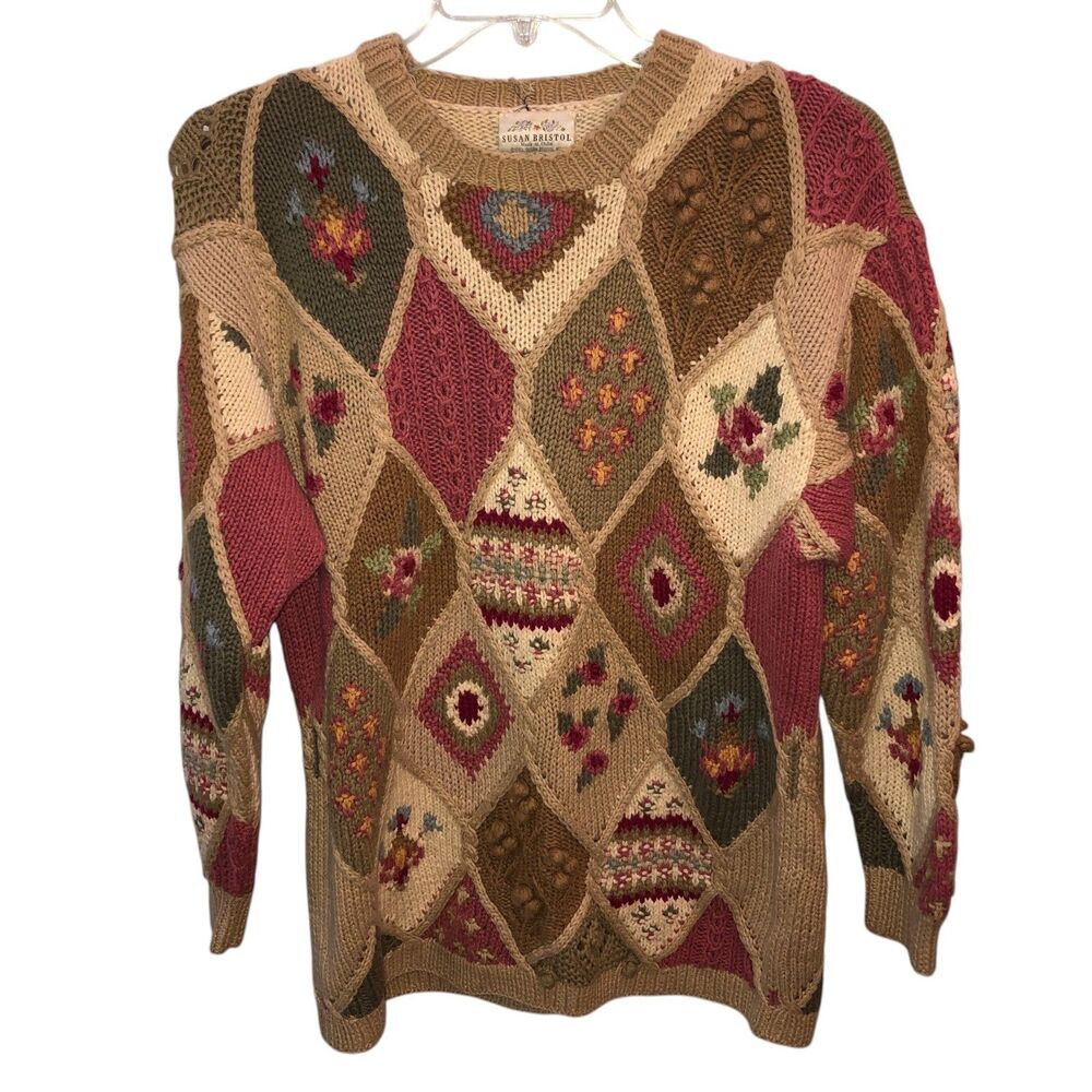 Vintage Susan Bristol Large Floral Patchwork 90s Cottagecore Handknit Sweater